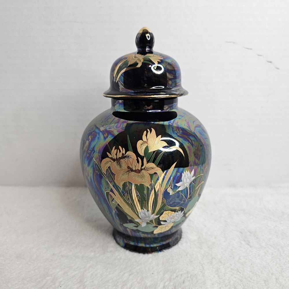 Vintage Iridescent Black Ginger Jar Lillies Lotus & Water Bird Made In Japan